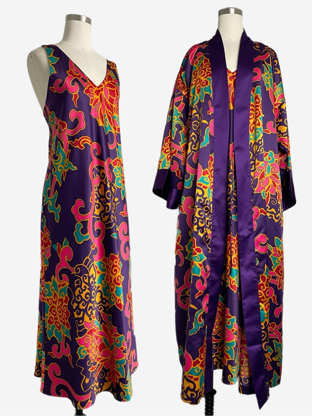 Natori Purple satin floral paisley robe and slip dress set eastern chic boho M/L